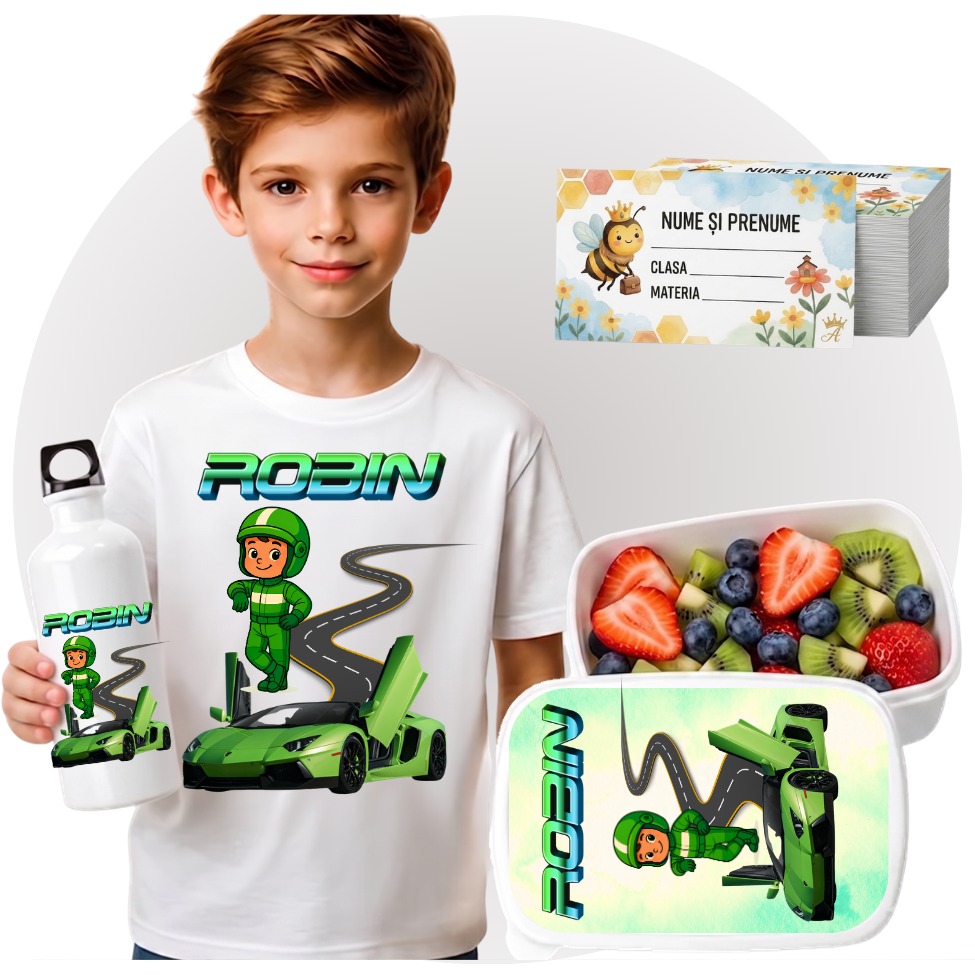 Set Promo Back to School  masini raliu Tricou + Cutie + Bidon Personalizat pentru copilul tău