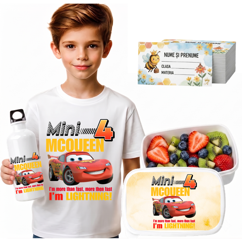 Set Promo Back to School McQueen– Tricou + Cutie + Bidon Personalizat pentru copilul tău