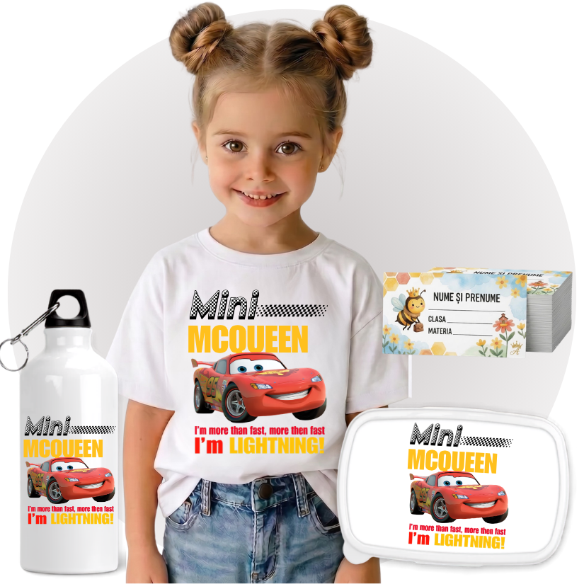 Set Promo Back to School McQueen– Tricou + Cutie + Bidon Personalizat pentru copilul tău