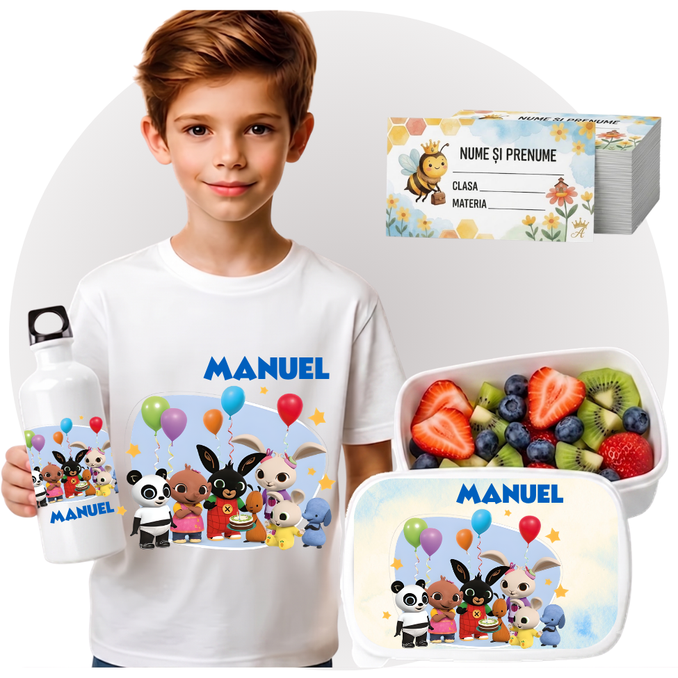 Set Promo Back to School Bing Tricou + Cutie + Bidon Personalizat pentru copilul tău