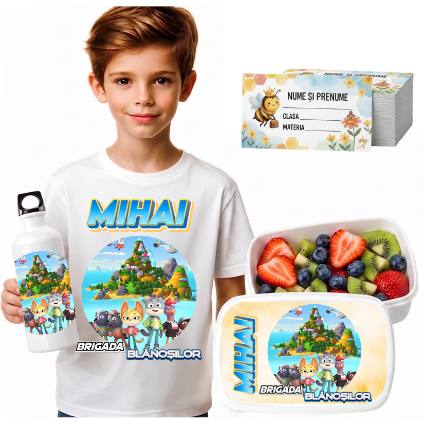 Set Promo Back to School Brigada blanosilor – Tricou + Cutie + Bidon Personalizat pentru copilul tău