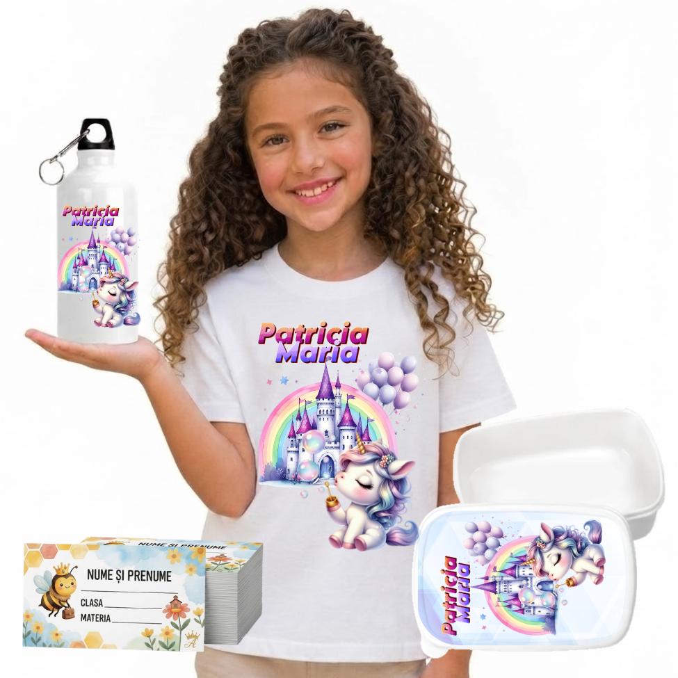 Set Promo Back to School Unicorn Tricou + Cutie + Bidon Personalizat pentru copilul tău