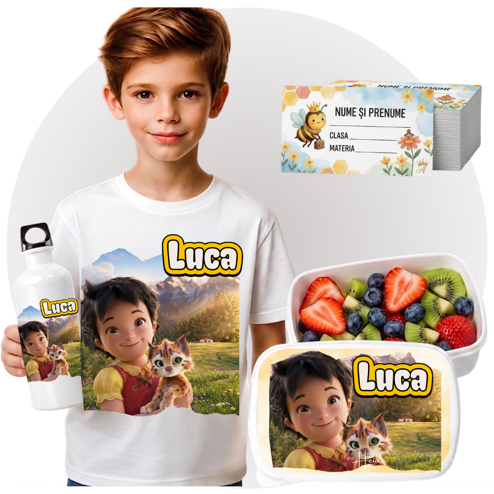 Set Promo Back to School HEIDI, fetita din munti– Tricou + Cutie + Bidon Personalizat pentru copilul tău