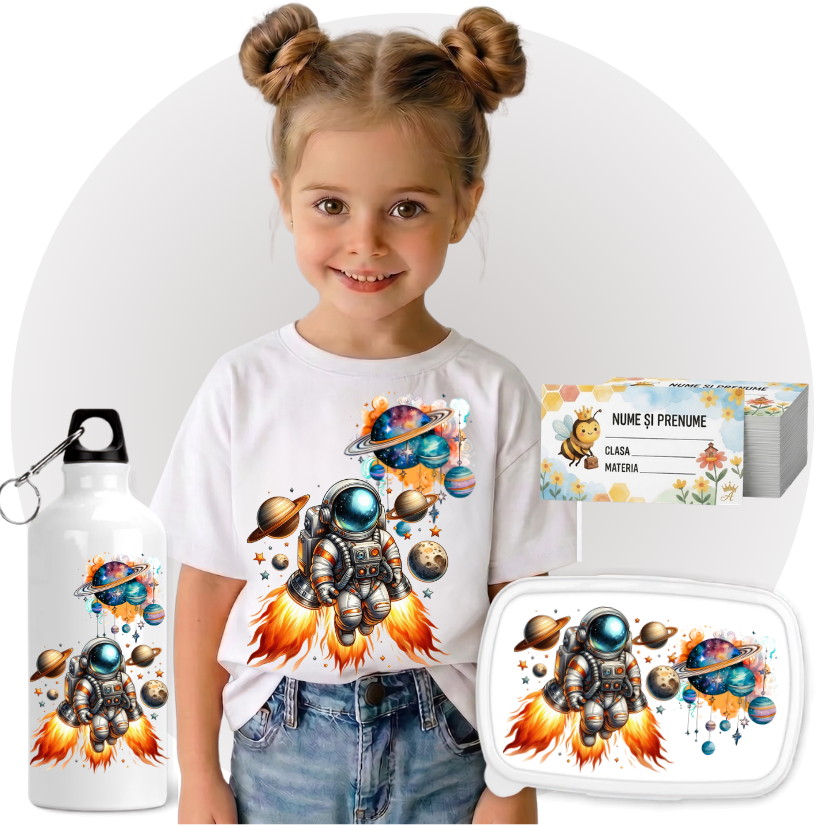 Set Promo Back to School Astronaut – Tricou + Cutie + Bidon Personalizat pentru copilul tău