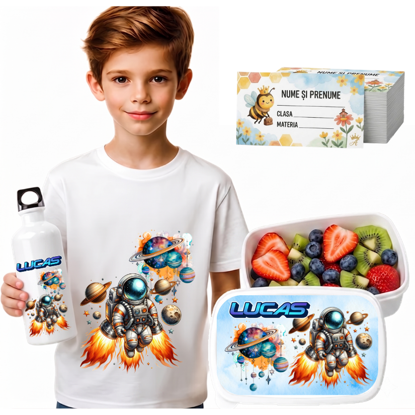 Set Promo Back to School Astronaut – Tricou + Cutie + Bidon Personalizat pentru copilul tău