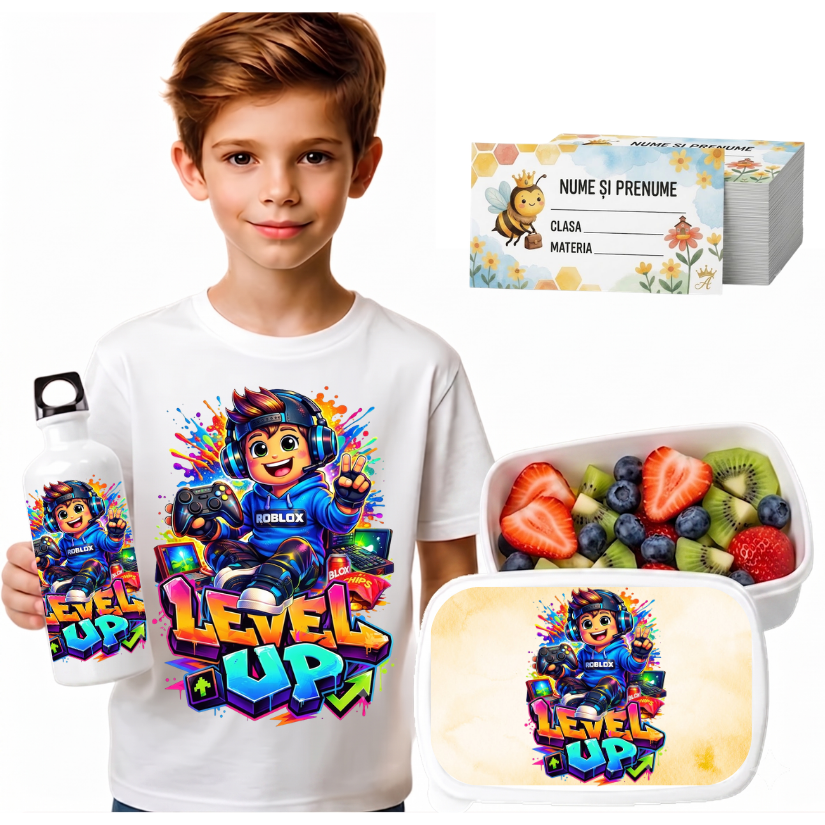 Set Promo Back to School Roblox– Tricou + Cutie + Bidon Personalizat pentru copilul tău