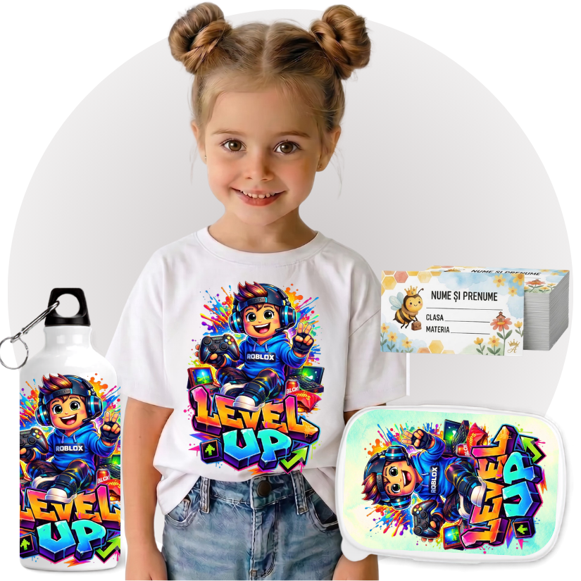 Set Promo Back to School Roblox– Tricou + Cutie + Bidon Personalizat pentru copilul tău