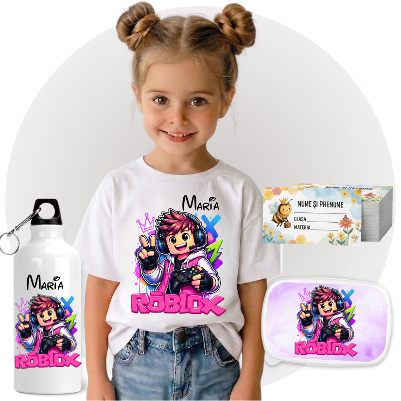 Set Promo Back to School Roblox – Tricou + Cutie + Bidon Personalizat pentru copilul tău