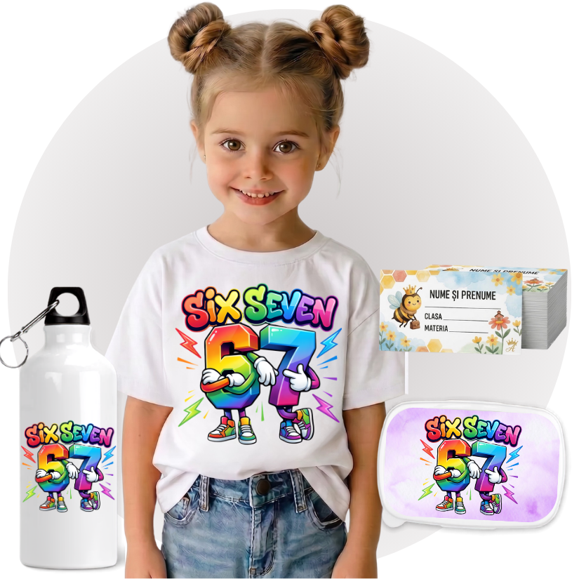 Set Promo Back to School Six Seven 67 – Tricou + Cutie + Bidon Personalizat pentru copilul tău