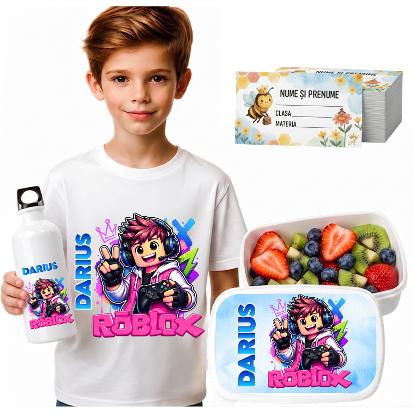 Set Promo Back to School Roblox – Tricou + Cutie + Bidon Personalizat pentru copilul tău
