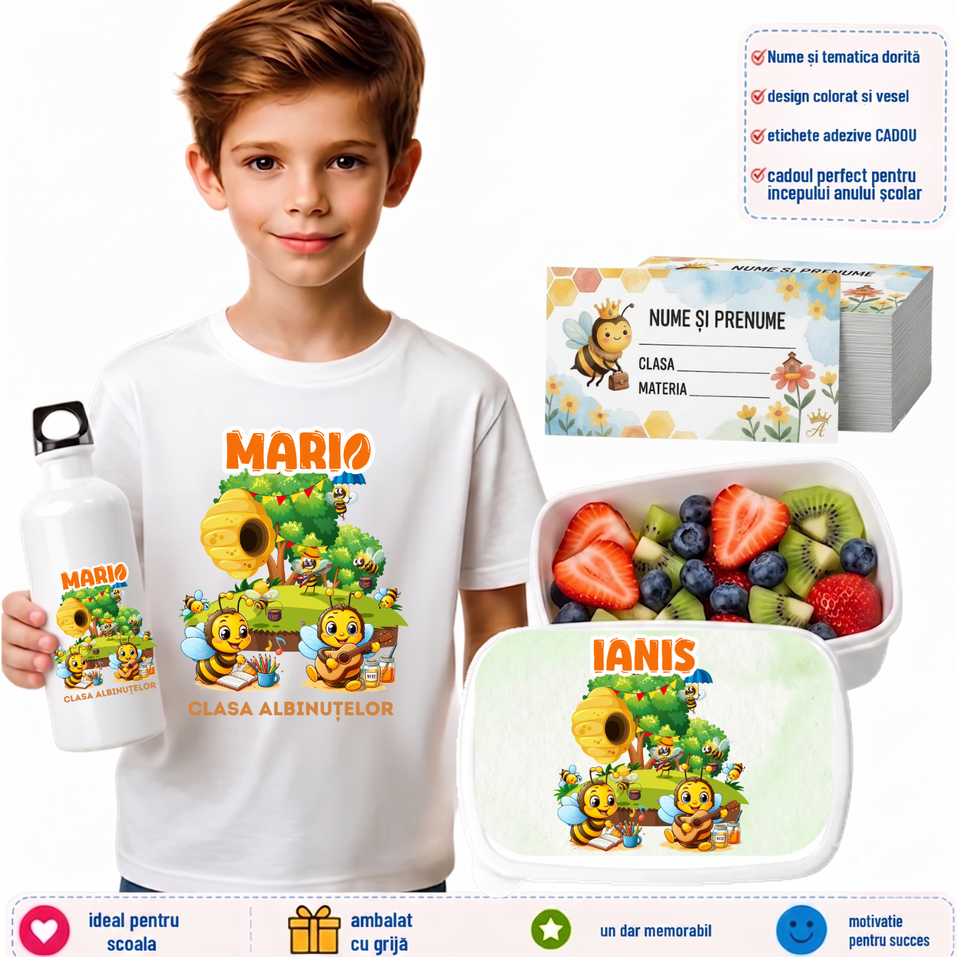 Set Promo Back to School – Tricou + Cutie + Bidon Personalizat pentru copilul tău