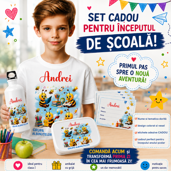 Set Promo Back to School – Tricou + Cutie + Bidon Personalizat pentru copilul tău