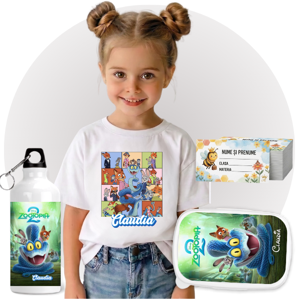 Set Promo Back to School  Zootropolis Tricou + Cutie + Bidon Personalizat pentru copilul tău