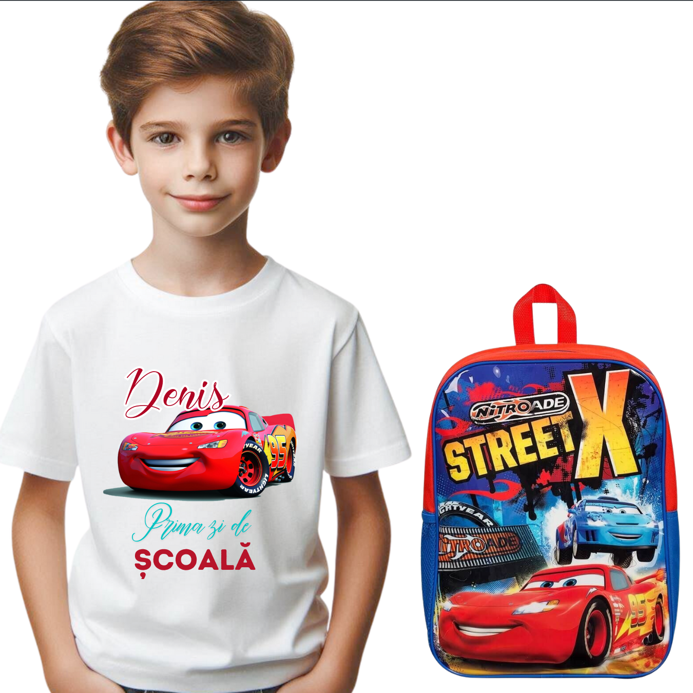 Set promotional Back to school prima zi de gradinita scoala din bumbac  Masini  Cars Nitroade ABF347