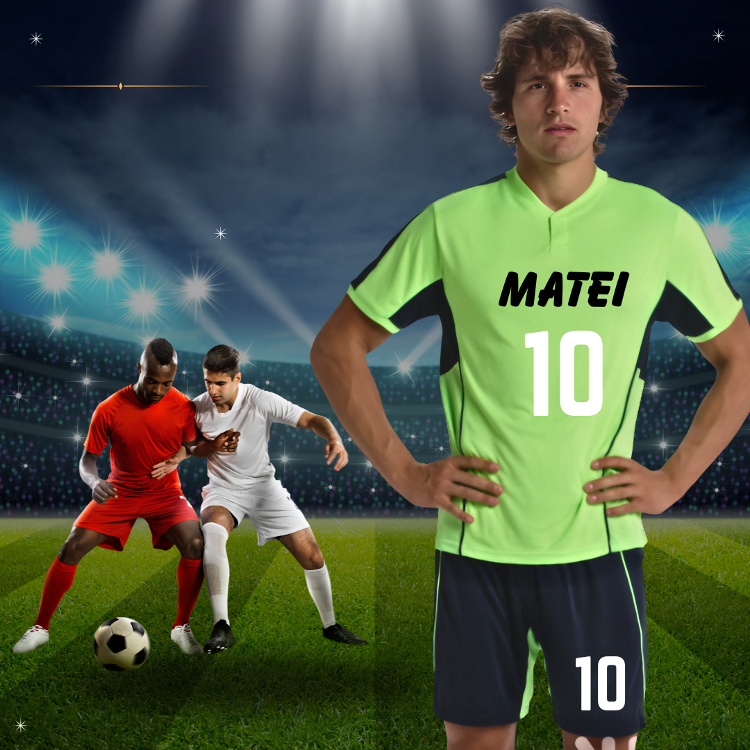 Set sportiv unisex format din tricou si pantaloni Fotbal cu nume si numar la alegere pentru Suporteri și Jucatori