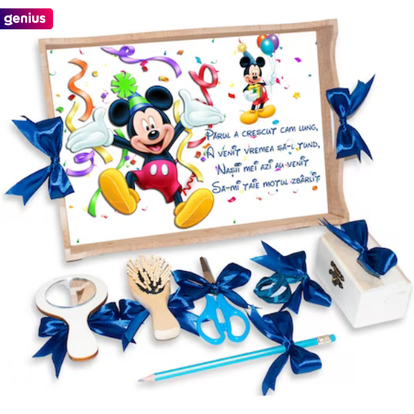 Set Tavita pentru Taiere Mot pentru baieti, Model Mickey Mouse, Prima aniversare, 5 Piese, Culoare Natur