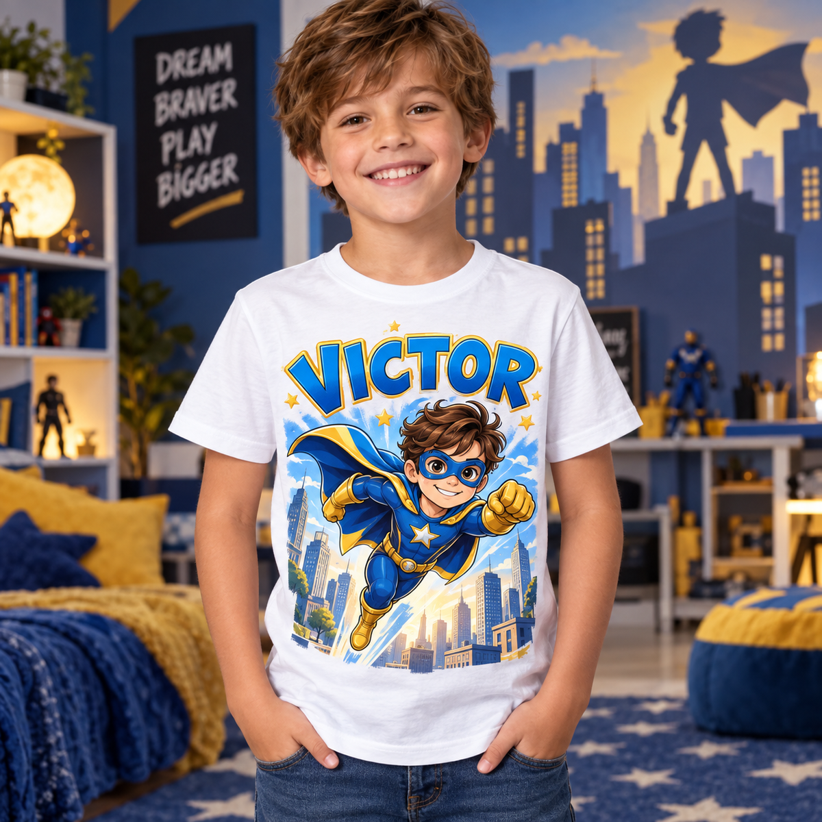 Tricou alb pentru băieți cu supererou original și numele Victor – imagine 2