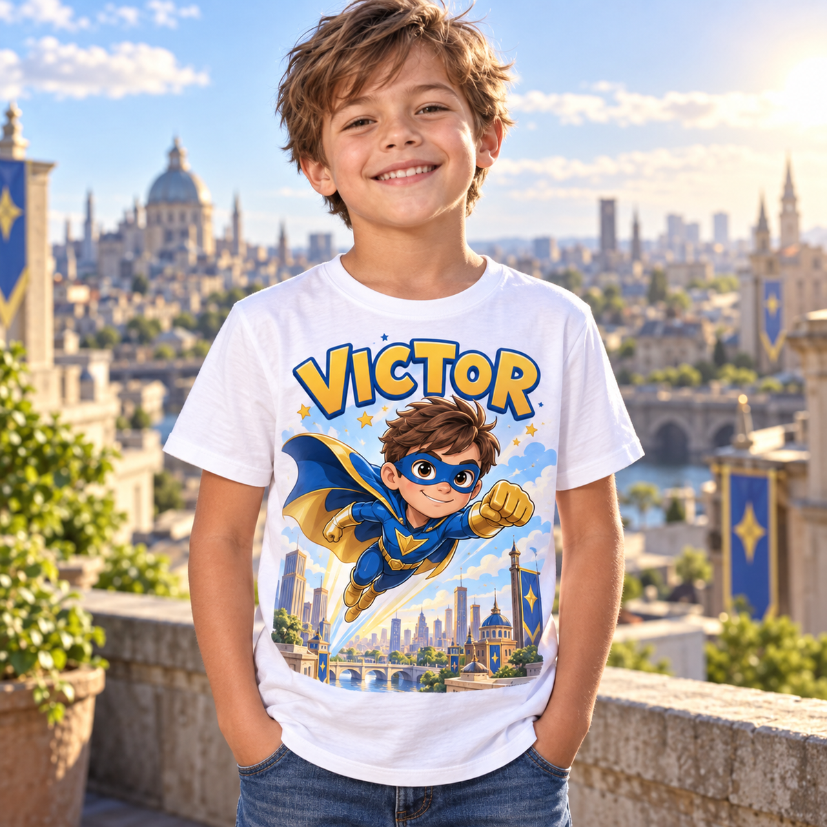 Tricou alb pentru băieți cu supererou original și numele Victor – imagine 3