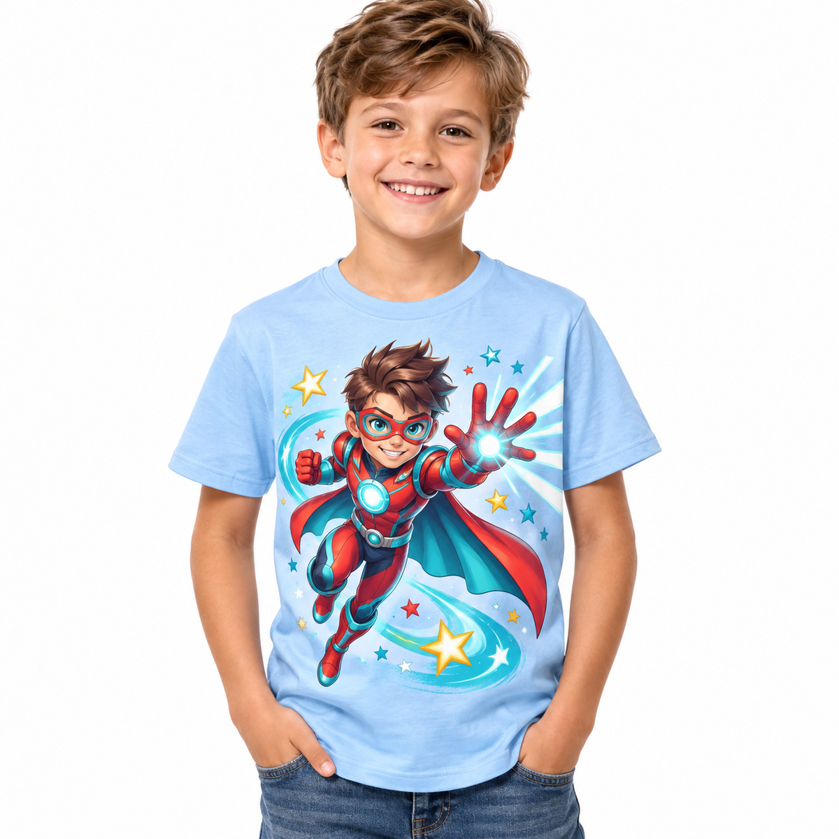 Tricou bleu pentru băieți cu supererou original – imagine 1