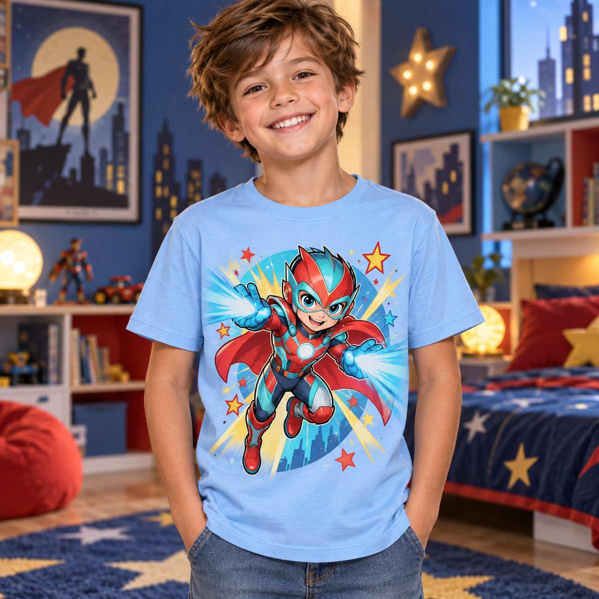 Tricou bleu pentru băieți cu supererou original – imagine 2