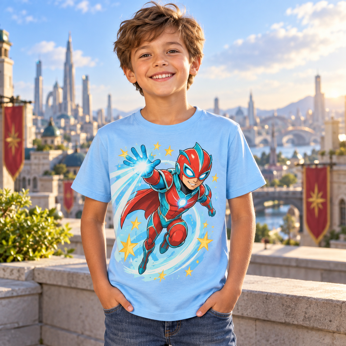 Tricou bleu pentru băieți cu supererou original – imagine 3