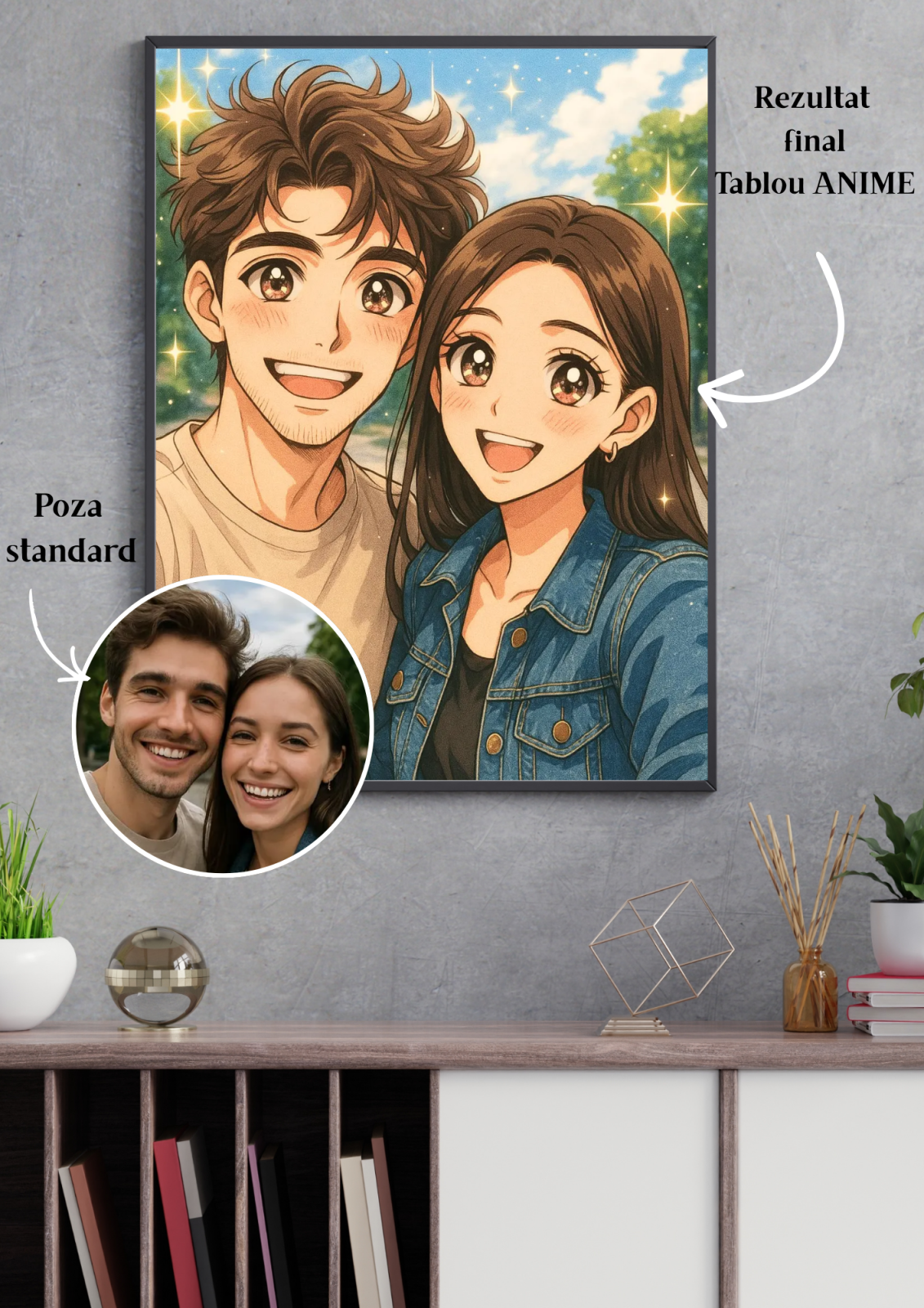 Tablou Povestea noastră în stil cartoon 3D Portret  de cuplu ANIME, personalizat din fotografie - Cadoul ideal pentru familie