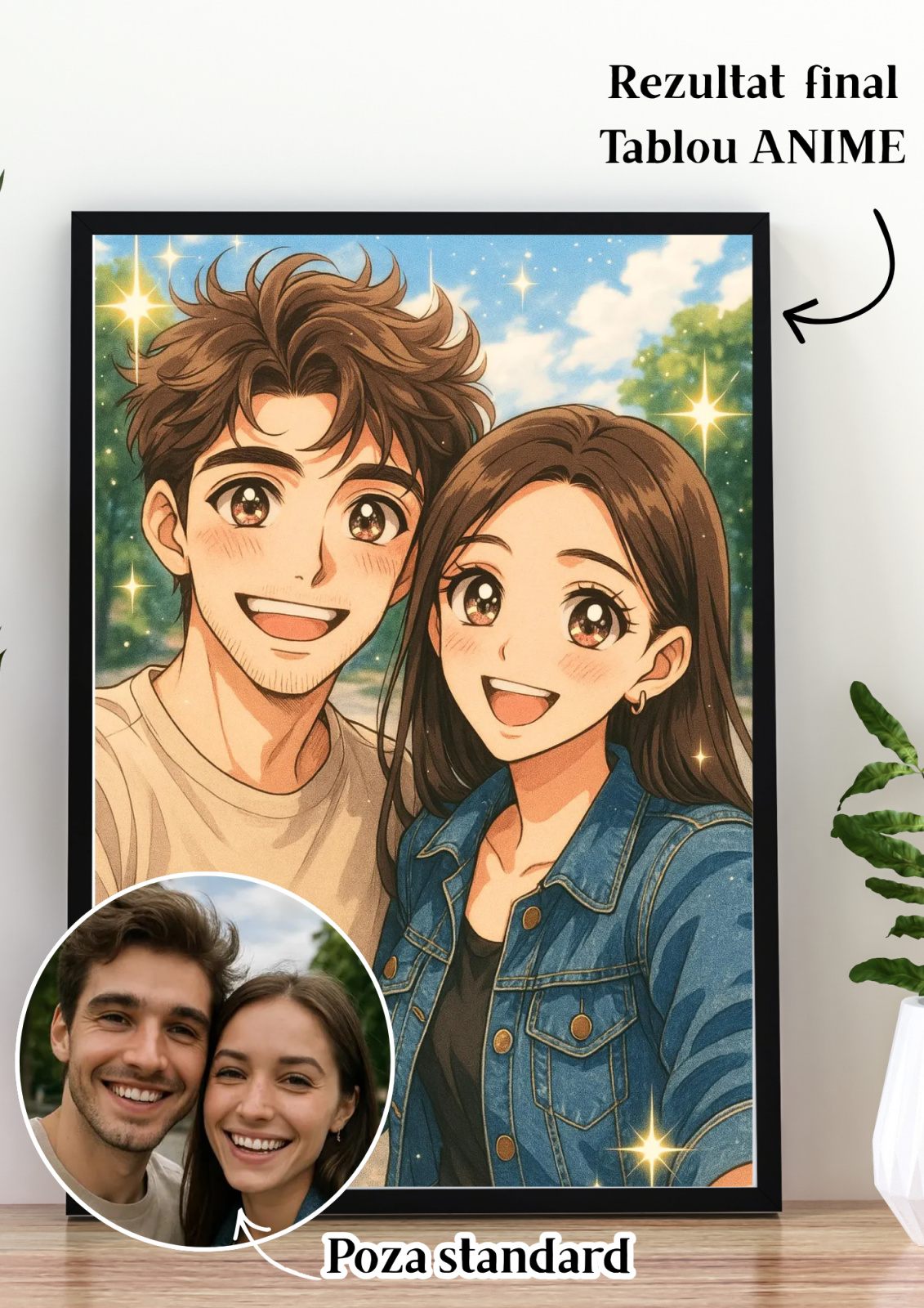 Tablou Povestea noastră în stil cartoon 3D Portret  de cuplu ANIME, personalizat din fotografie - Cadoul ideal pentru familie
