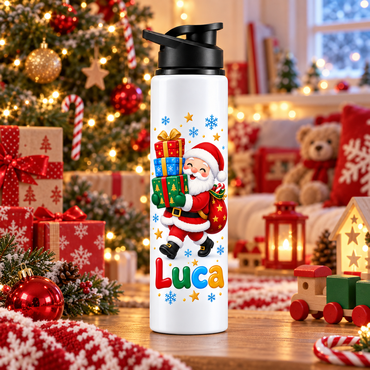 Termos pentru copii Mos Craciun si Cadouri personalizat cu numele Luca - imagine ambientala in camera decorata de Craciun
