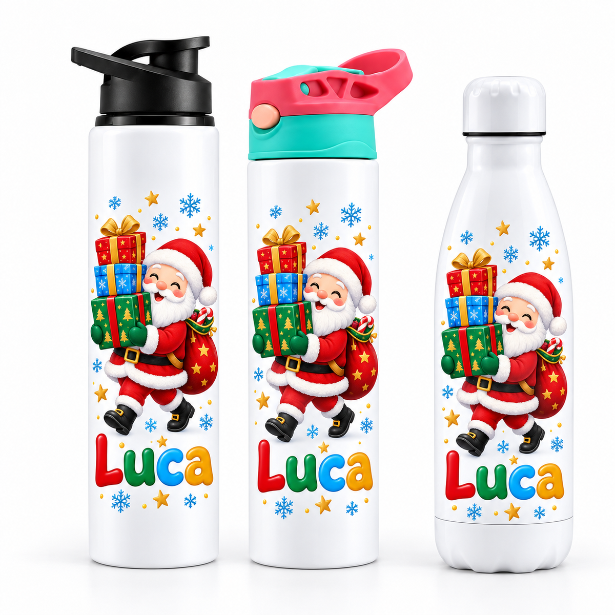 Termos personalizat de Craciun pentru copii Mos Craciun si Cadouri cu numele Luca - imagine principala cu trei modele pe fundal alb