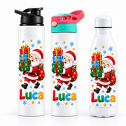 Termos personalizat de Craciun pentru copii Mos Craciun si Cadouri cu numele Luca - imagine principala cu trei modele pe fundal alb