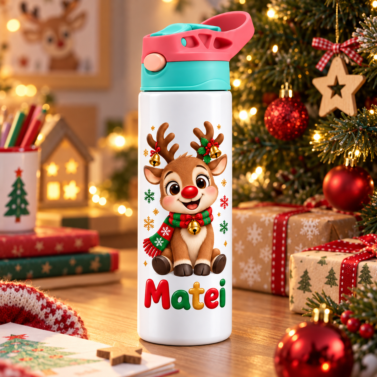 Termos pentru copii Renul Vesel personalizat cu numele Matei - imagine ambientala de Craciun prim-plan
