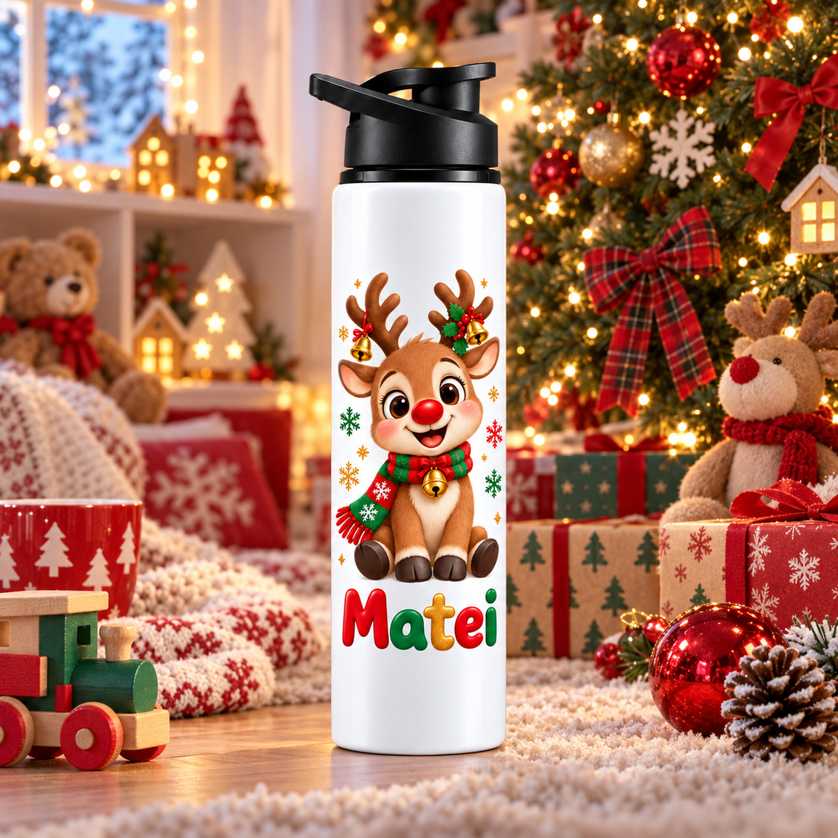 Termos pentru copii Renul Vesel personalizat cu numele Matei - imagine ambientala in camera decorata de Craciun