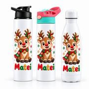 Termos personalizat de Craciun pentru copii Renul Vesel cu numele Matei - imagine principala cu trei modele pe fundal alb