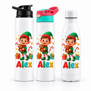 Termos personalizat de Craciun pentru copii Spiridusul din Atelier cu numele Alex - imagine principala cu trei modele pe fundal alb