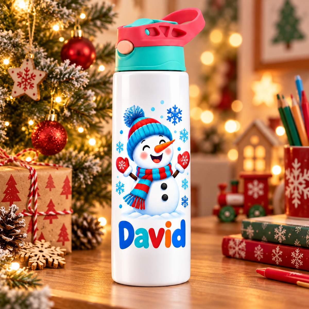 Termos pentru copii Omul de Zapada personalizat cu numele David - imagine ambientala de Craciun prim-plan