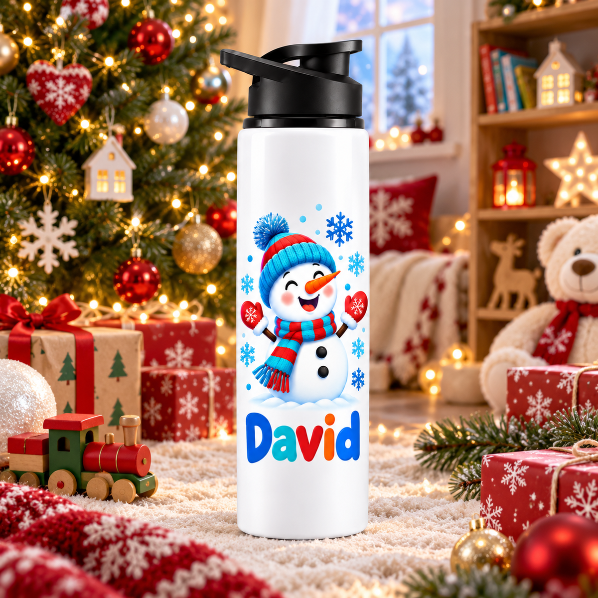 Termos pentru copii Omul de Zapada personalizat cu numele David - imagine ambientala in camera decorata de Craciun