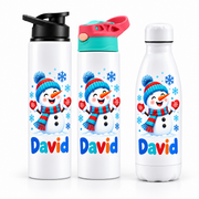 Termos personalizat de Craciun pentru copii Omul de Zapada cu numele David - imagine principala cu trei modele pe fundal alb