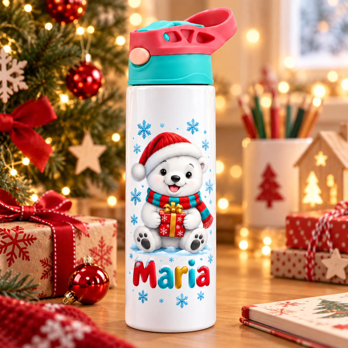 Termos pentru copii Ursul Polar personalizat cu numele Maria - imagine ambientala de Craciun prim-plan