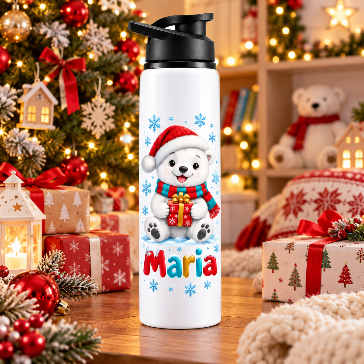 Termos pentru copii Ursul Polar personalizat cu numele Maria - imagine ambientala in camera decorata de Craciun