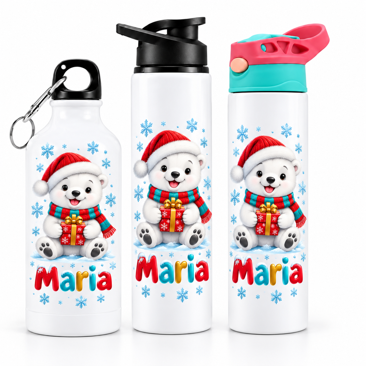 Termos personalizat de Craciun pentru copii Ursul Polar cu numele Maria - imagine principala cu trei modele pe fundal alb