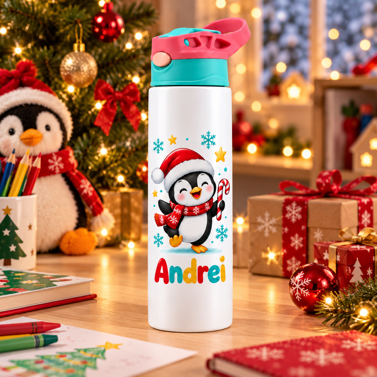 Termos pentru copii Pinguinul de Craciun personalizat cu numele Andrei - imagine ambientala de Craciun prim-plan