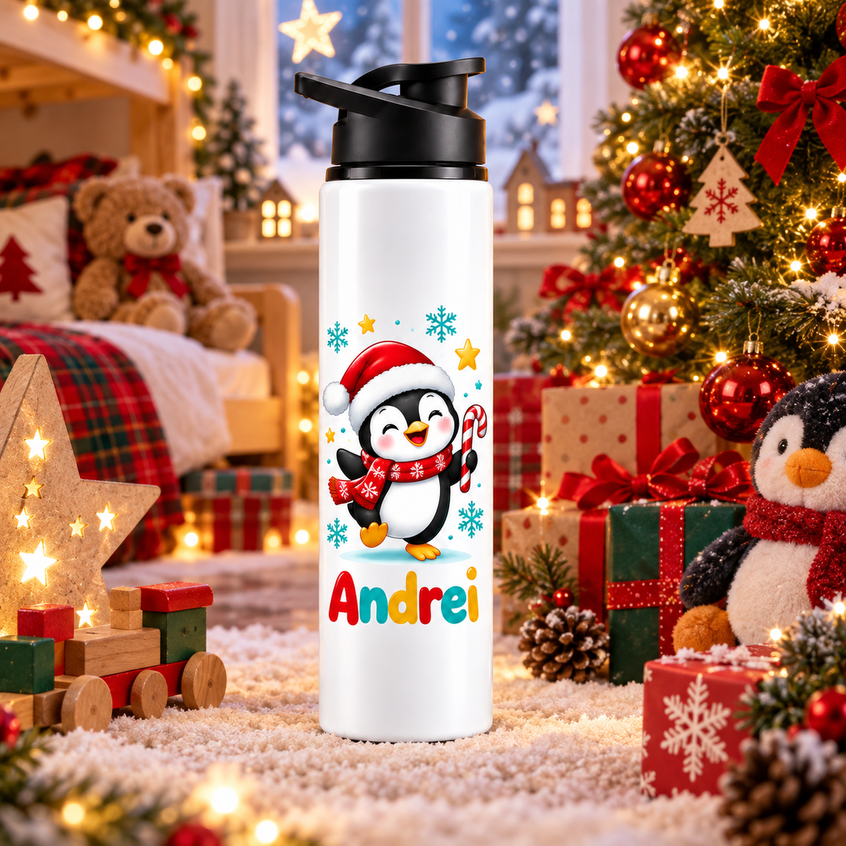 Termos pentru copii Pinguinul de Craciun personalizat cu numele Andrei - imagine ambientala in camera decorata de Craciun