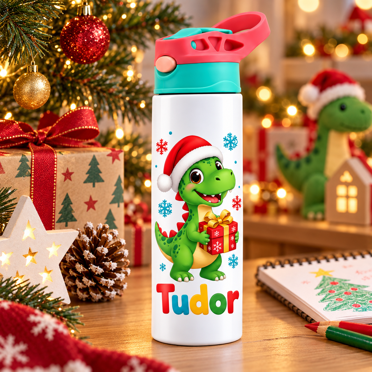 Termos pentru copii Dinozaurul cu Caciula de Mos personalizat cu numele Tudor - imagine ambientala de Craciun prim-plan
