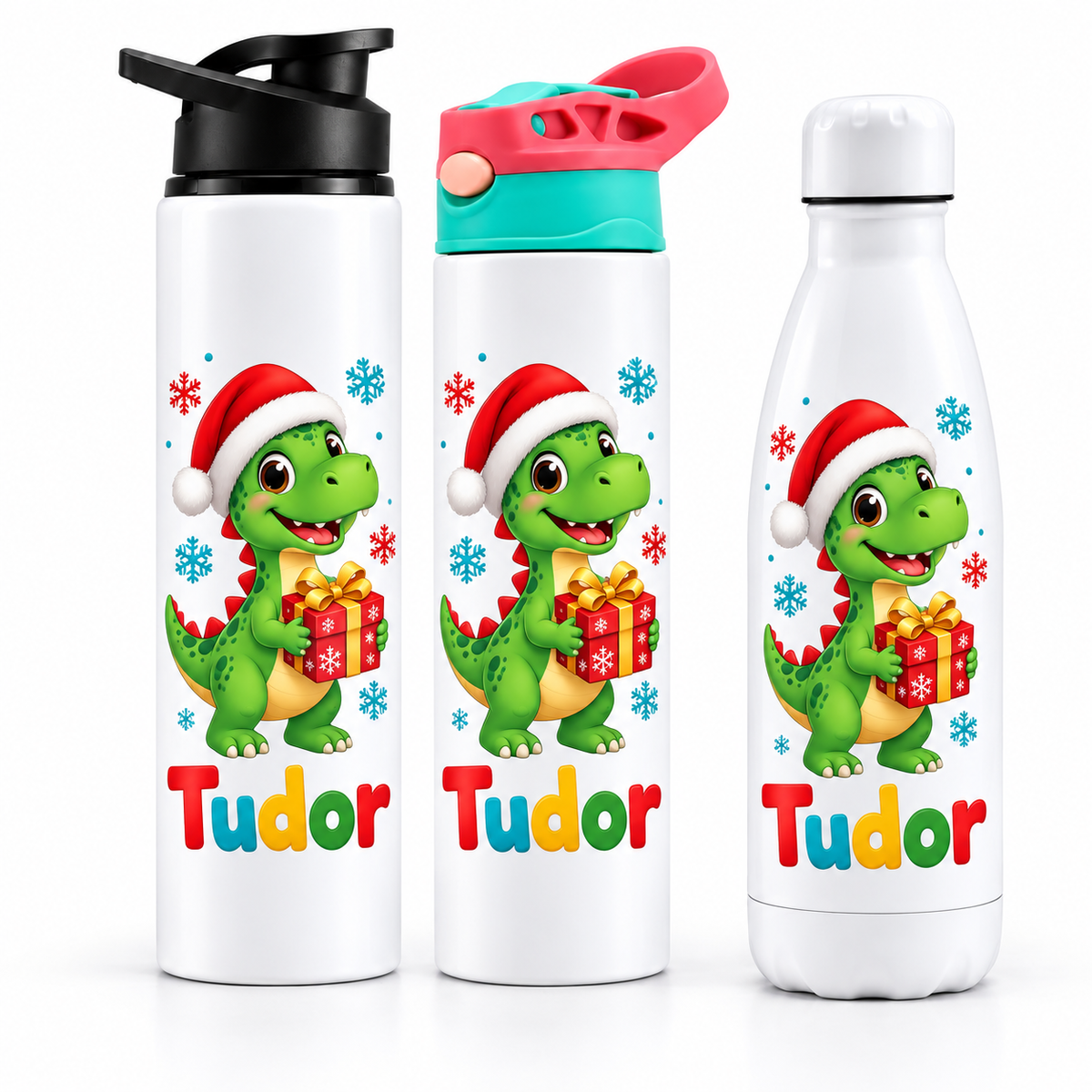 Termos personalizat de Craciun pentru copii Dinozaurul cu Caciula de Mos cu numele Tudor - imagine principala cu trei modele pe fundal alb