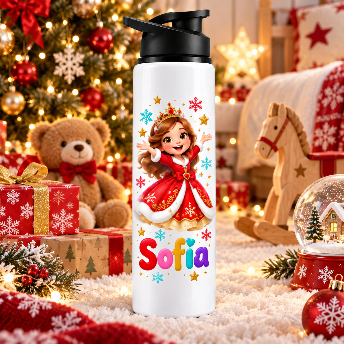 Termos pentru copii Printesa Craciunului personalizat cu numele Sofia - imagine ambientala in camera decorata de Craciun