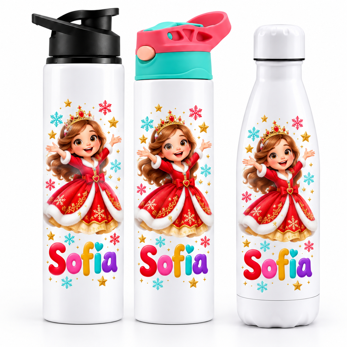 Termos personalizat de Craciun pentru copii Printesa Craciunului cu numele Sofia - imagine principala cu trei modele pe fundal alb