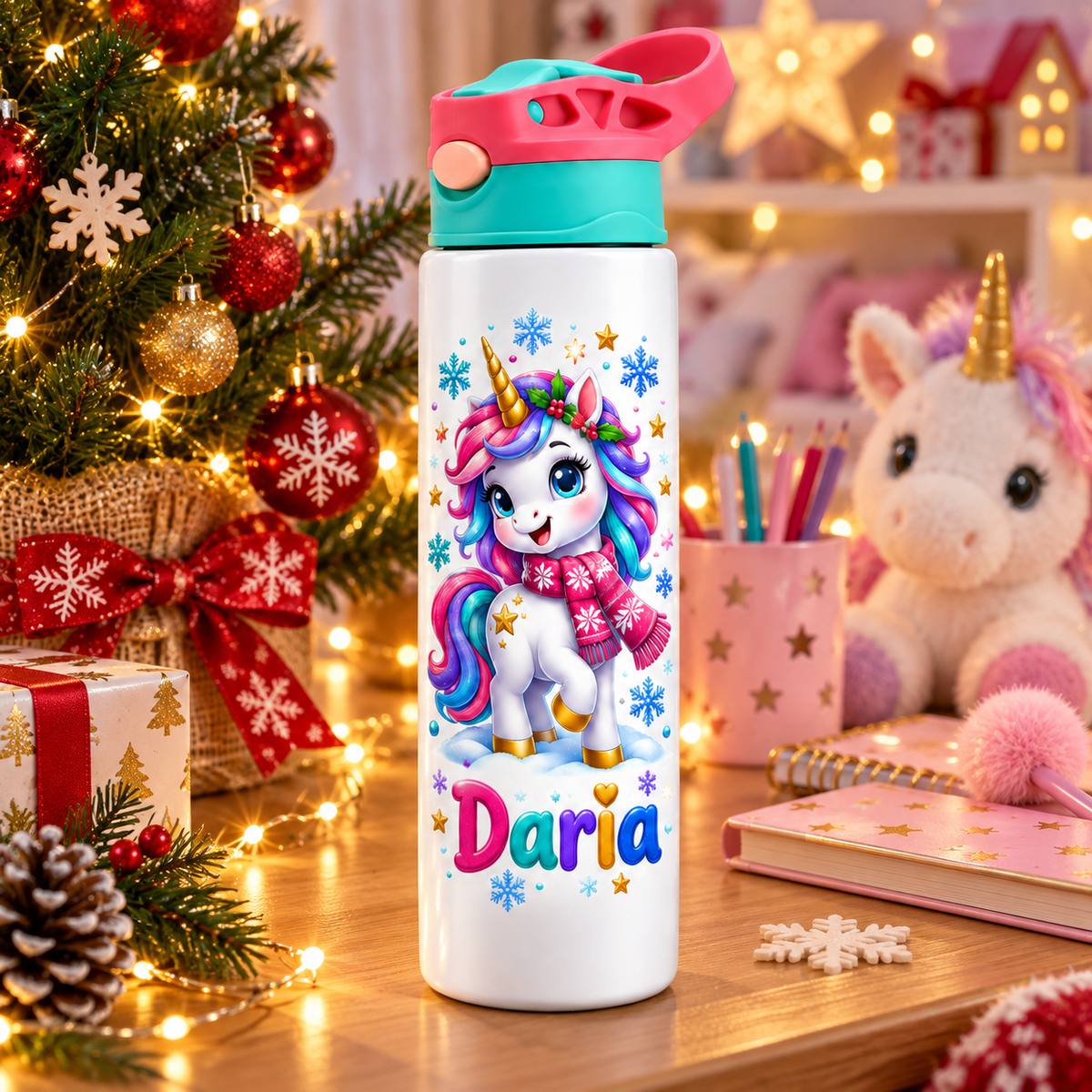 Termos pentru copii Unicornul de Iarna personalizat cu numele Daria - imagine ambientala de Craciun prim-plan