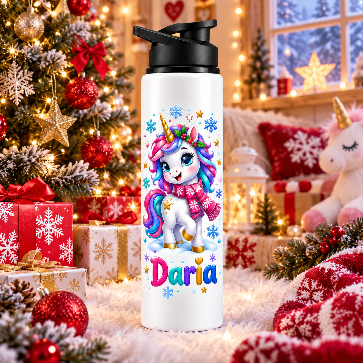 Termos pentru copii Unicornul de Iarna personalizat cu numele Daria - imagine ambientala in camera decorata de Craciun