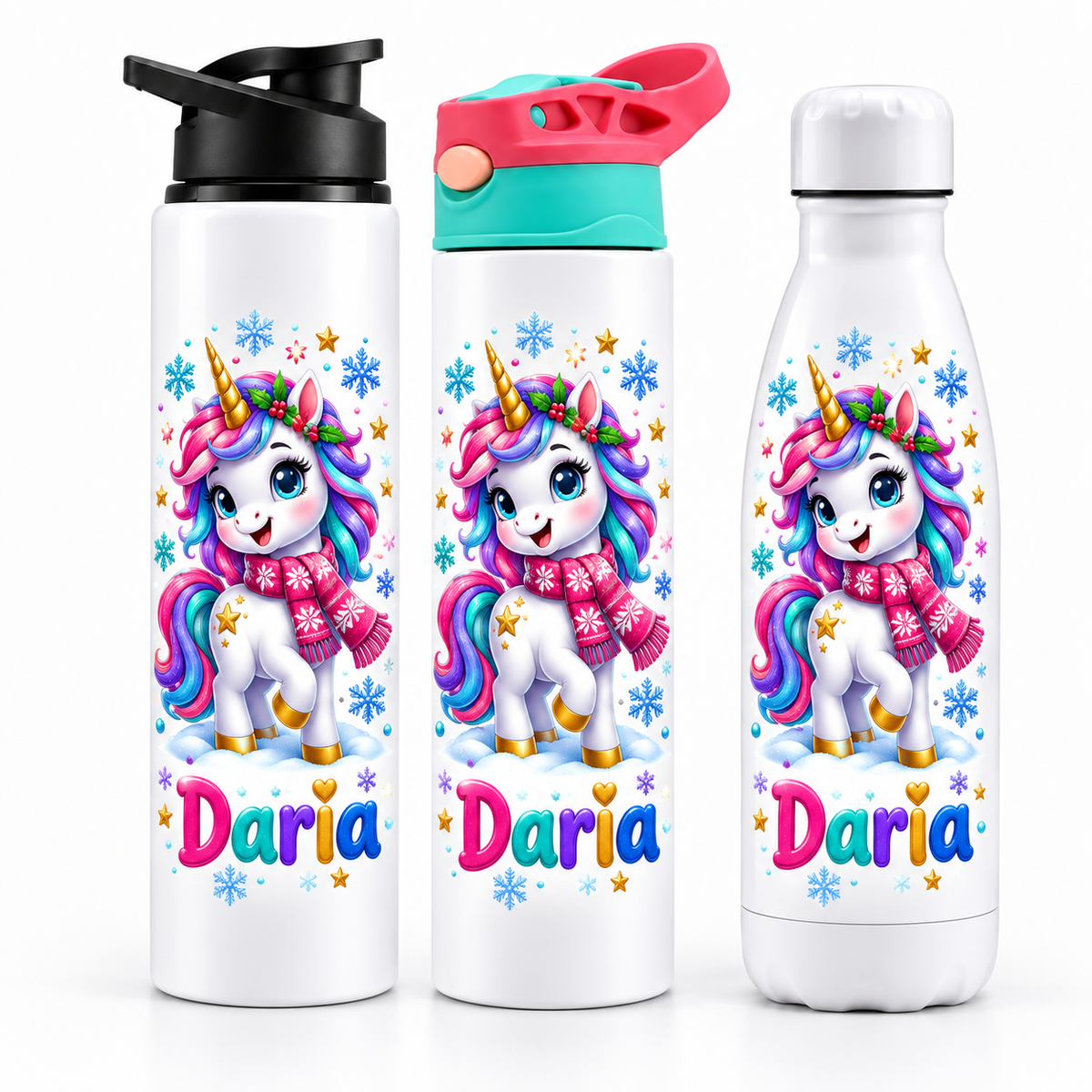 Termos personalizat de Craciun pentru copii Unicornul de Iarna cu numele Daria - imagine principala cu trei modele pe fundal alb
