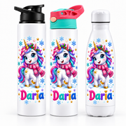 Termos personalizat de Craciun pentru copii Unicornul de Iarna cu numele Daria - imagine principala cu trei modele pe fundal alb